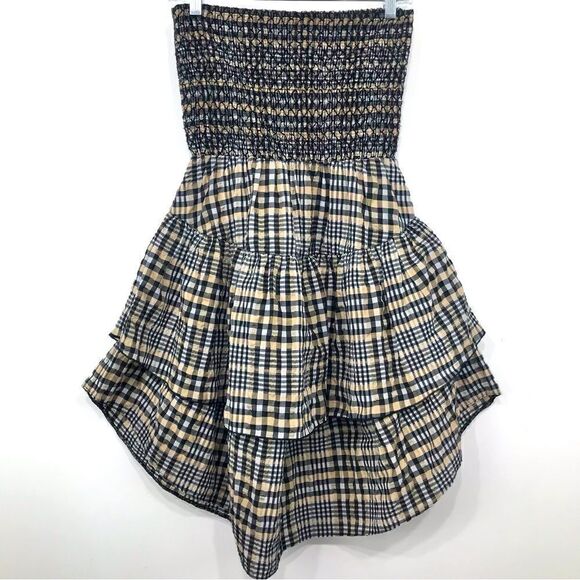 Ganni CHARRON Tiered Light Brown Plaid Versatile Skirt Dress - Picture 9 of 16
